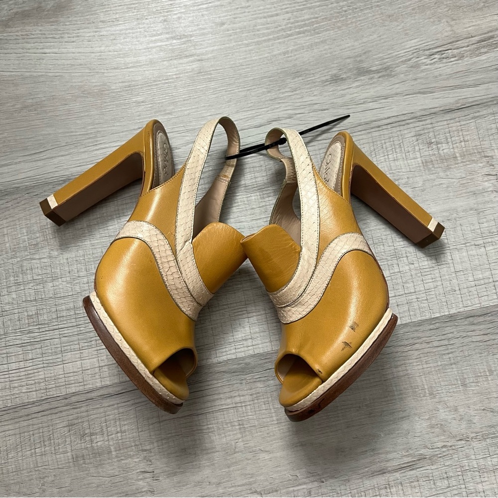 CHLOE Snakeskin Embossed And Leather Slingback Heeled Sandals 37 Mustard Cream - Picture 6 of 16